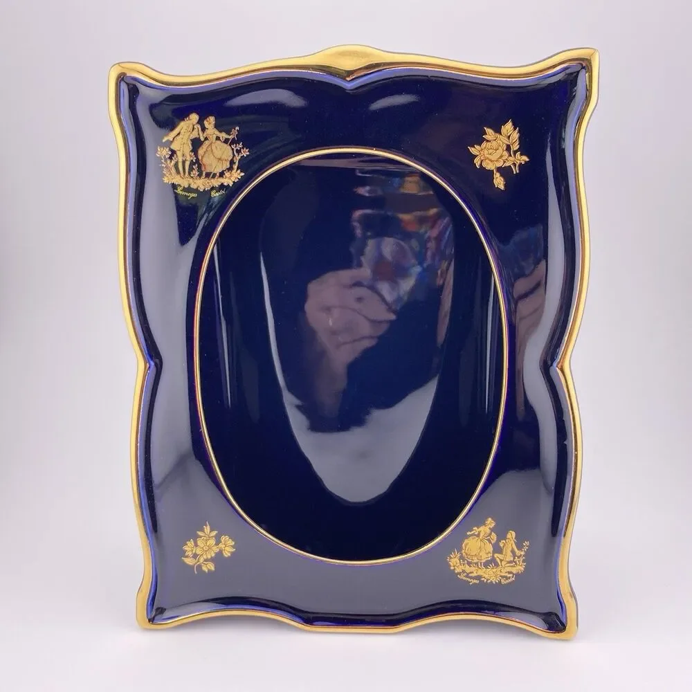 Vintage Limoges Castel Cobalt Blue & 22k Gold Oval Opening Frame